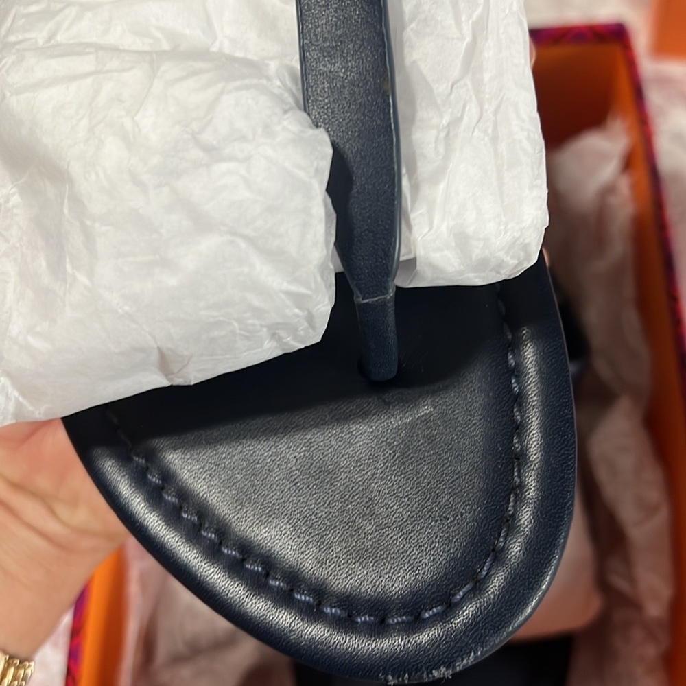 Tory Burch Navy Blue Leather Logo Thong Sandals with Gold Emblem - Picture 8 of 8